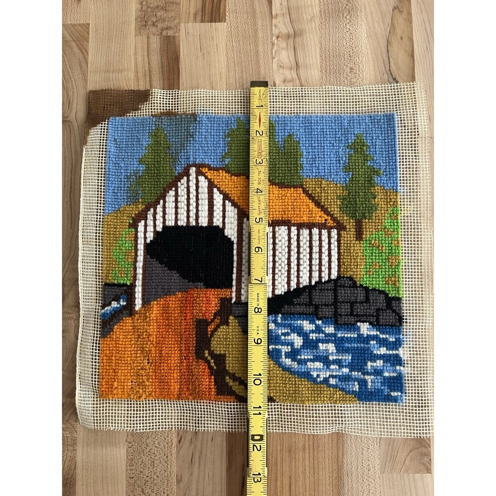 Vintage 60s 70s Completed Needlepoint Covered Bridge Small 10" x 10" - Picture 6 of 9